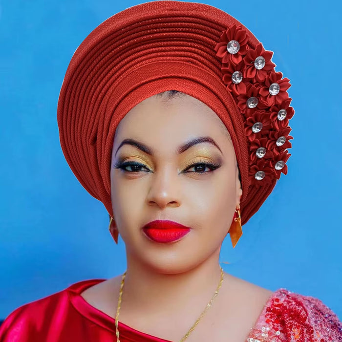 2024 Elegant African Headtie Turban - Pre-Made Floral Auto Gele for Weddings & Parties