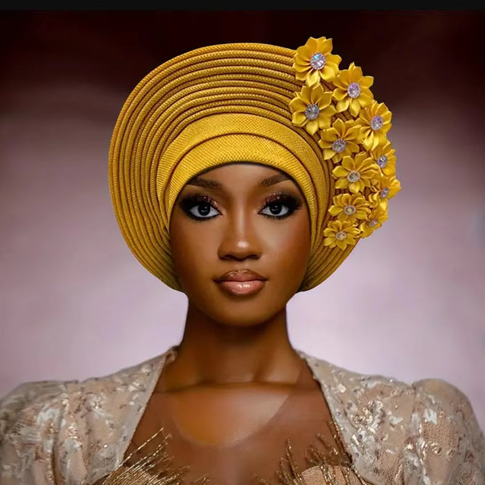 2024 Elegant African Headtie Turban - Pre-Made Floral Auto Gele for Weddings & Parties
