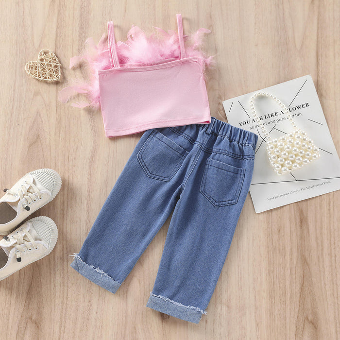 2022 été petites filles mode vêtements ensembles fourrure plume sans manches caraco hauts taille haute Denim pantalon 2 pièces enfants vêtements