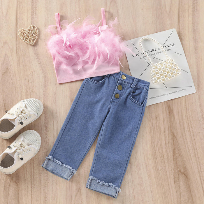 2022 été petites filles mode vêtements ensembles fourrure plume sans manches caraco hauts taille haute Denim pantalon 2 pièces enfants vêtements