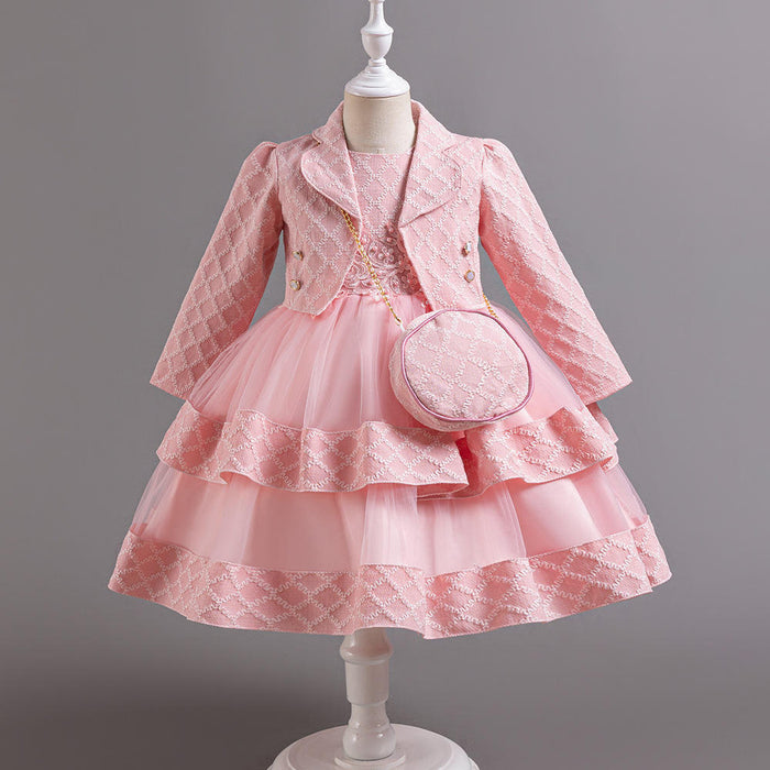 Style occidental manches longues robe de demoiselle d'honneur pour enfants pour fille 2-10 ans boule rose robes de bal pour enfants pour 3 pièces robe de soirée