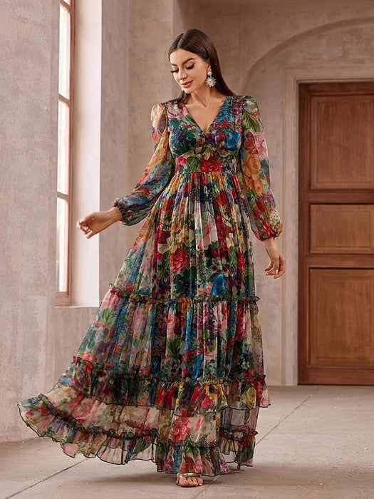 TOLEEN-Robe de Soirée Vintage à Imprimé Floral pour Femme, Tenue Décontractée, Élégante, Style Boho, Manches sulf, Bordure à Volants, Maxi, Été, Nouvelle Collection 2024