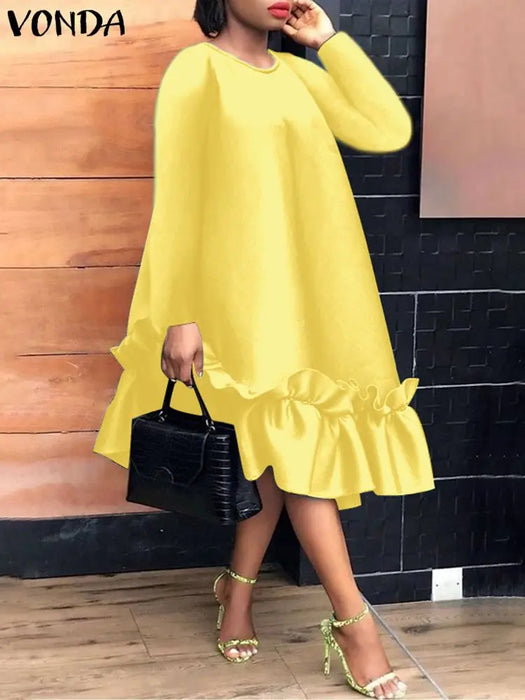 VONDA-Robe Mi-Longue Élégante à Manches sulfpour Femme, Tenue de Soirée Vintage Décontractée, Couleur Unie, à Volants, Éducative, Grande Taille 5XL, 2024