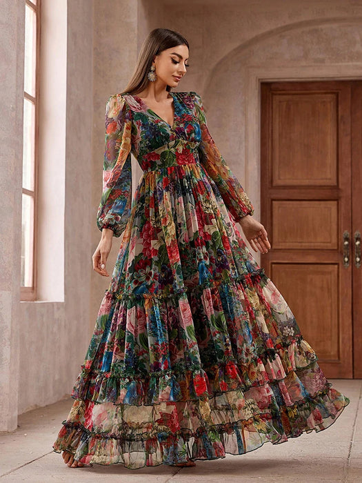 TOLEEN-Robe de Soirée Vintage à Imprimé Floral pour Femme, Tenue Décontractée, Élégante, Style Boho, Manches sulf, Bordure à Volants, Maxi, Été, Nouvelle Collection 2024