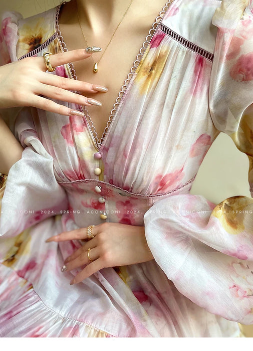 Tingfly-Robe longue à imprimé floral pour femme, col en V, vintage, chic, français, élégant, taille haute, ligne A, midi, robes de soirée, dame, nouveau design