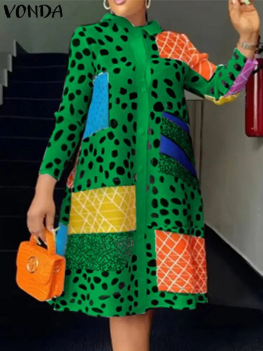 VONDA-Robe bohème à revers pour femme, manches longues, chemise imprimée léopard, boutons à la mode, longueur au genou, robe éducative, collection 2024
