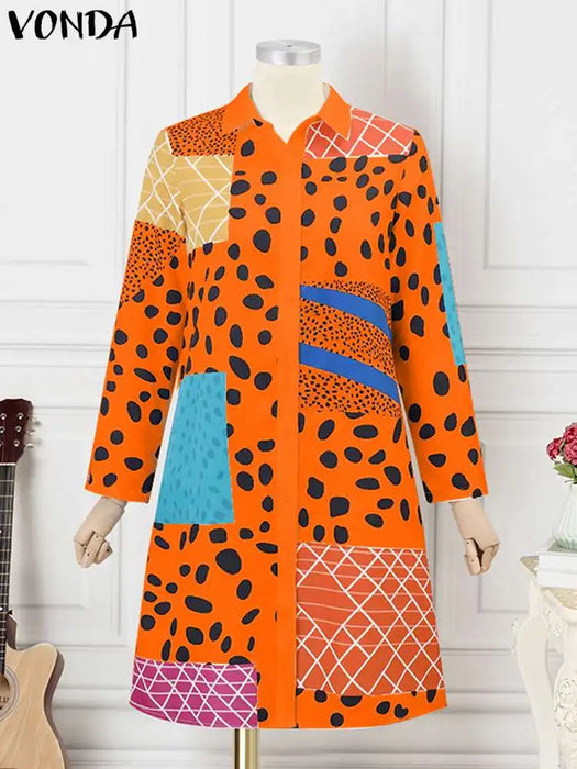 VONDA-Robe bohème à revers pour femme, manches longues, chemise imprimée léopard, boutons à la mode, longueur au genou, robe éducative, collection 2024