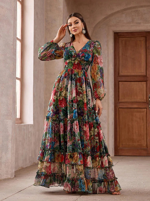 TOLEEN-Robe de Soirée Vintage à Imprimé Floral pour Femme, Tenue Décontractée, Élégante, Style Boho, Manches sulf, Bordure à Volants, Maxi, Été, Nouvelle Collection 2024