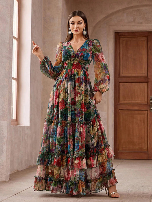 TOLEEN-Robe de Soirée Vintage à Imprimé Floral pour Femme, Tenue Décontractée, Élégante, Style Boho, Manches sulf, Bordure à Volants, Maxi, Été, Nouvelle Collection 2024