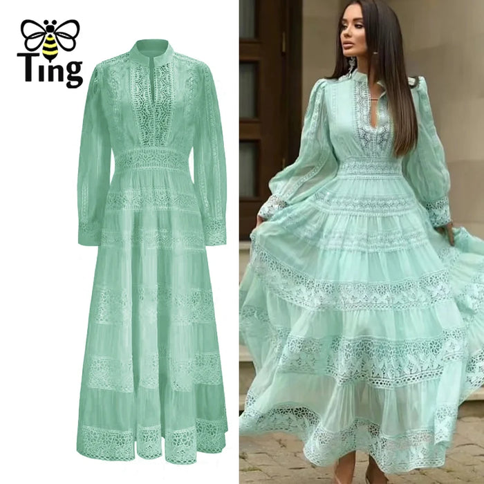 Tingfly-Robe de Soirée Longue en Dentelle pour Femme, Tenue Vintage Élégante, Style Rétro, Patchwork, Haute Qualité, Nouvelle Collection Été