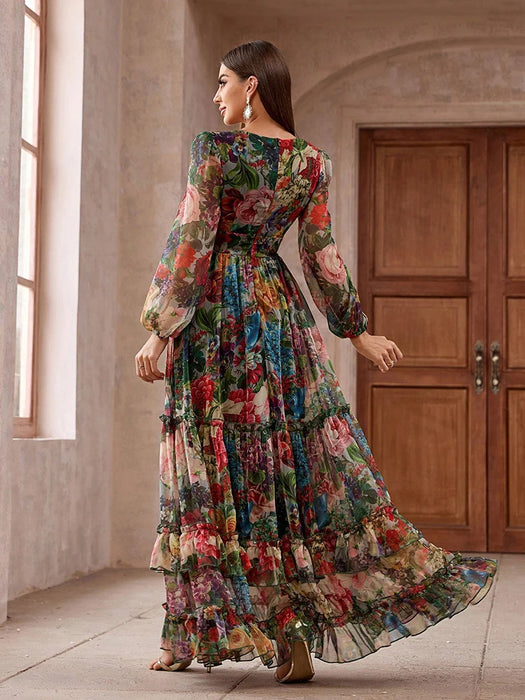 TOLEEN-Robe de Soirée Vintage à Imprimé Floral pour Femme, Tenue Décontractée, Élégante, Style Boho, Manches sulf, Bordure à Volants, Maxi, Été, Nouvelle Collection 2024