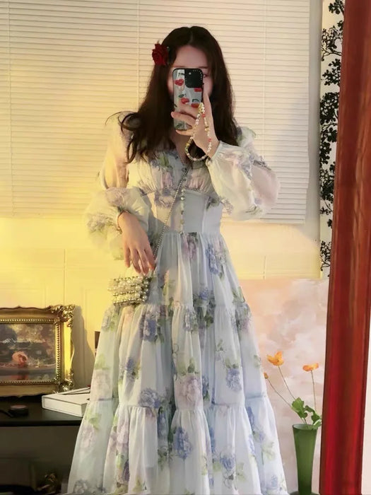 Tingfly-Robe longue à imprimé floral pour femme, col en V, vintage, chic, français, élégant, taille haute, ligne A, midi, robes de soirée, dame, nouveau design