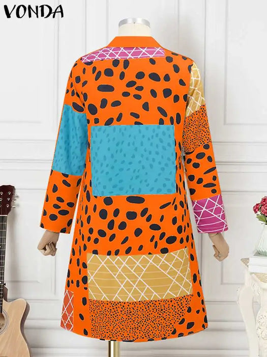 VONDA-Robe bohème à revers pour femme, manches longues, chemise imprimée léopard, boutons à la mode, longueur au genou, robe éducative, collection 2024