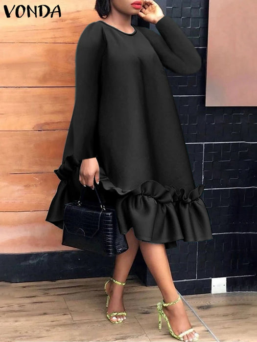 VONDA-Robe Mi-Longue Élégante à Manches sulfpour Femme, Tenue de Soirée Vintage Décontractée, Couleur Unie, à Volants, Éducative, Grande Taille 5XL, 2024