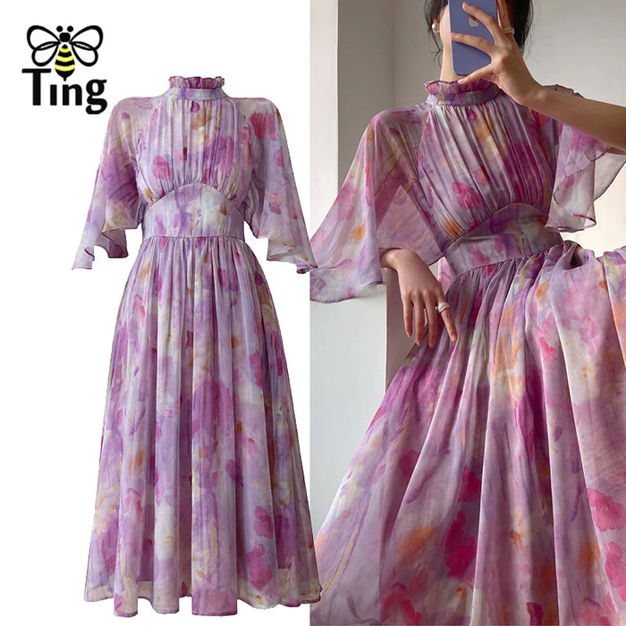 Tingfly-Robe à volants en mousseline de soie pour femme, dos ouvert, taille haute, chic, décontractée, nouvelle mode, été