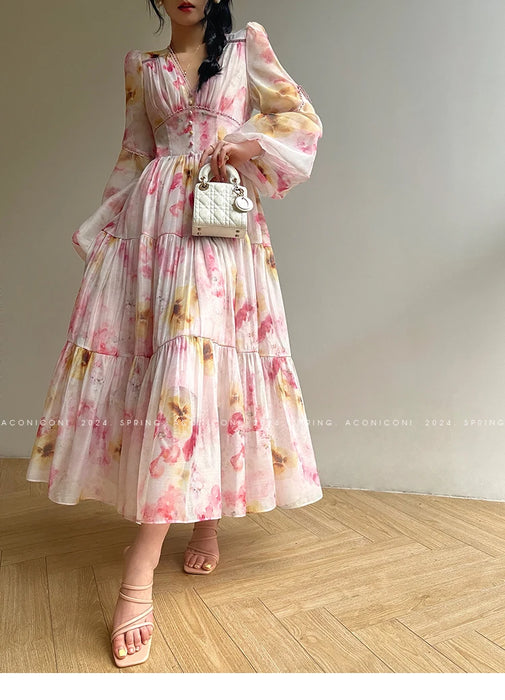 Tingfly-Robe longue à imprimé floral pour femme, col en V, vintage, chic, français, élégant, taille haute, ligne A, midi, robes de soirée, dame, nouveau design