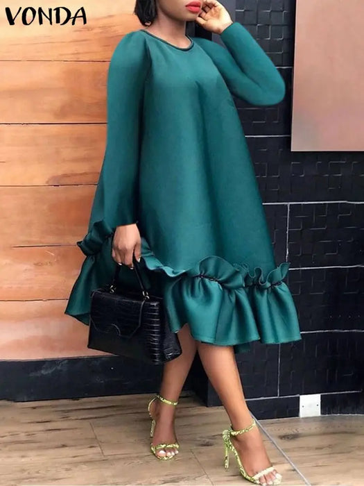 VONDA-Robe Mi-Longue Élégante à Manches sulfpour Femme, Tenue de Soirée Vintage Décontractée, Couleur Unie, à Volants, Éducative, Grande Taille 5XL, 2024