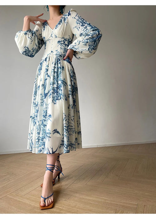 Tingfly-Robe de Soirée en Mousseline de Soie pour Femme, Tenue Vintage Élégante, Manches Lanternes, Taille Haute, Chic, Décontractée