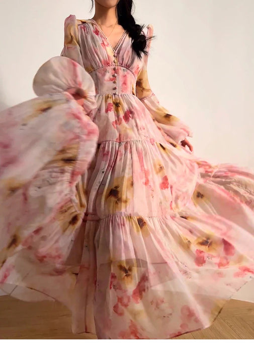 Tingfly-Robe longue à imprimé floral pour femme, col en V, vintage, chic, français, élégant, taille haute, ligne A, midi, robes de soirée, dame, nouveau design
