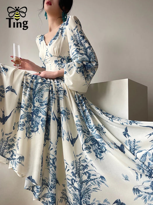 Tingfly-Robe de Soirée en Mousseline de Soie pour Femme, Tenue Vintage Élégante, Manches Lanternes, Taille Haute, Chic, Décontractée