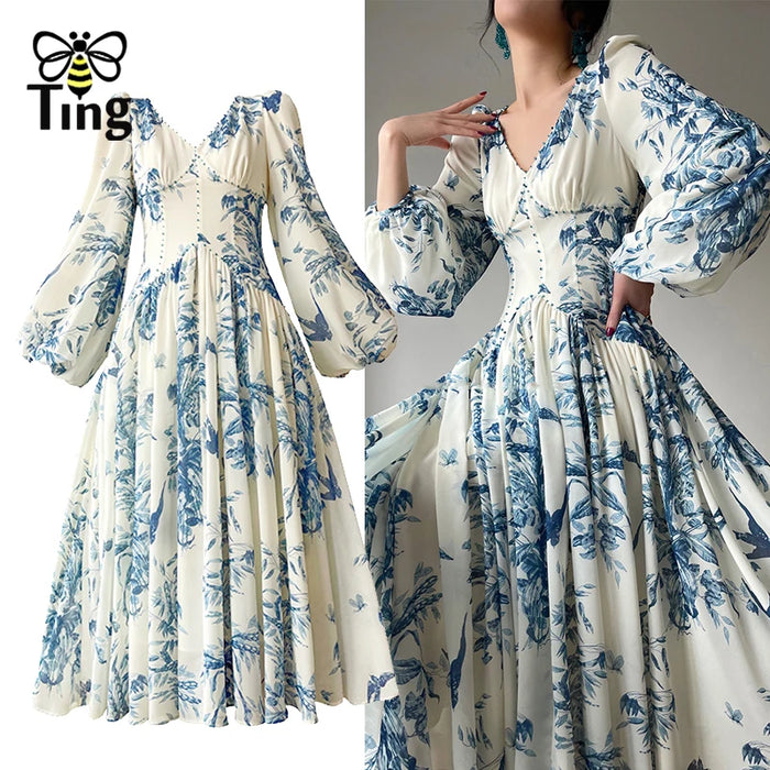 Tingfly-Robe de Soirée en Mousseline de Soie pour Femme, Tenue Vintage Élégante, Manches Lanternes, Taille Haute, Chic, Décontractée