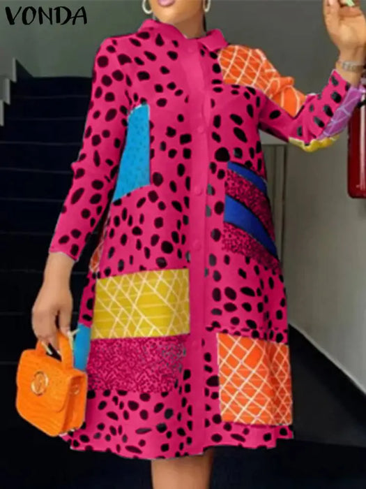 VONDA-Robe bohème à revers pour femme, manches longues, chemise imprimée léopard, boutons à la mode, longueur au genou, robe éducative, collection 2024