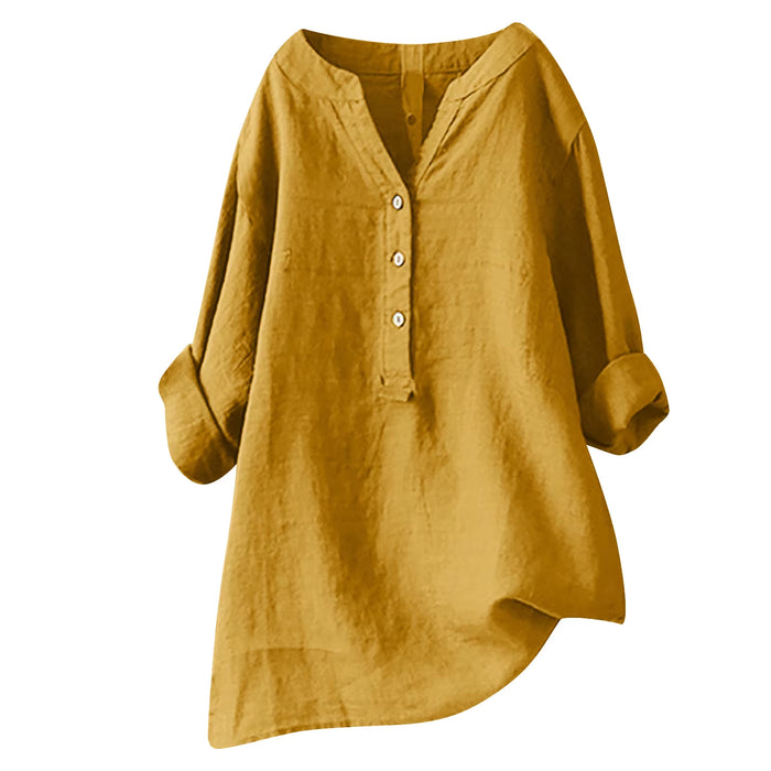 European and American Loose Pure Color Shirt Cotton and Linen Top Pocket Women'S Clothing