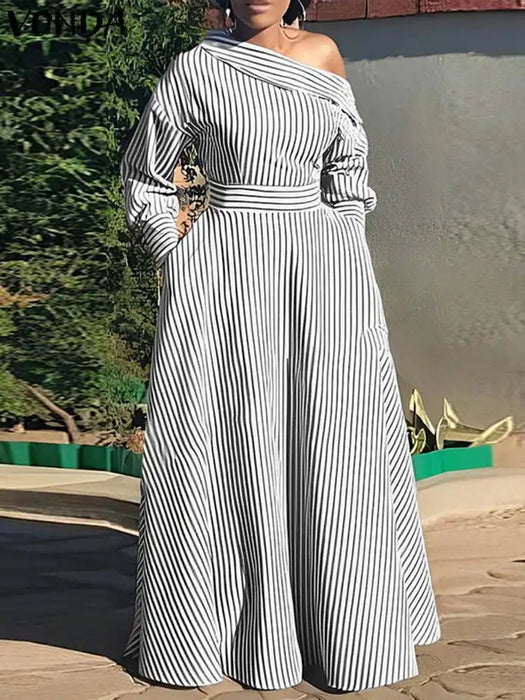 VONDA-Robe maxi rayée élégante pour femme, robe d'été bohème, robe d'été décontractée, robe de soirée à manches longues, robe éducative, grande taille 5XL, 2024