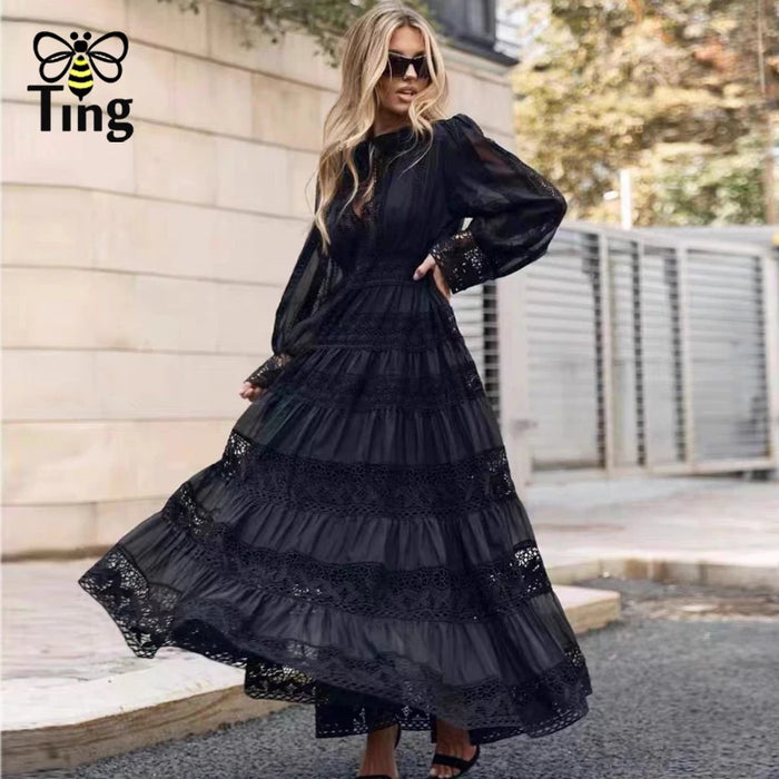 Tingfly-Robe de Soirée Longue en Dentelle pour Femme, Tenue Vintage Élégante, Style Rétro, Patchwork, Haute Qualité, Nouvelle Collection Été