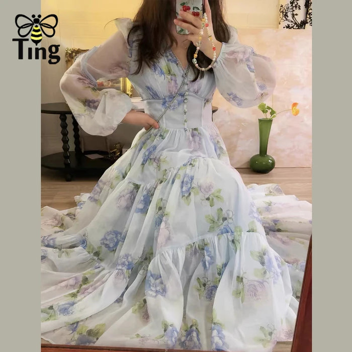Tingfly-Robe longue à imprimé floral pour femme, col en V, vintage, chic, français, élégant, taille haute, ligne A, midi, robes de soirée, dame, nouveau design