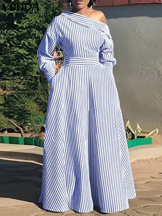 VONDA-Robe maxi rayée élégante pour femme, robe d'été bohème, robe d'été décontractée, robe de soirée à manches longues, robe éducative, grande taille 5XL, 2024