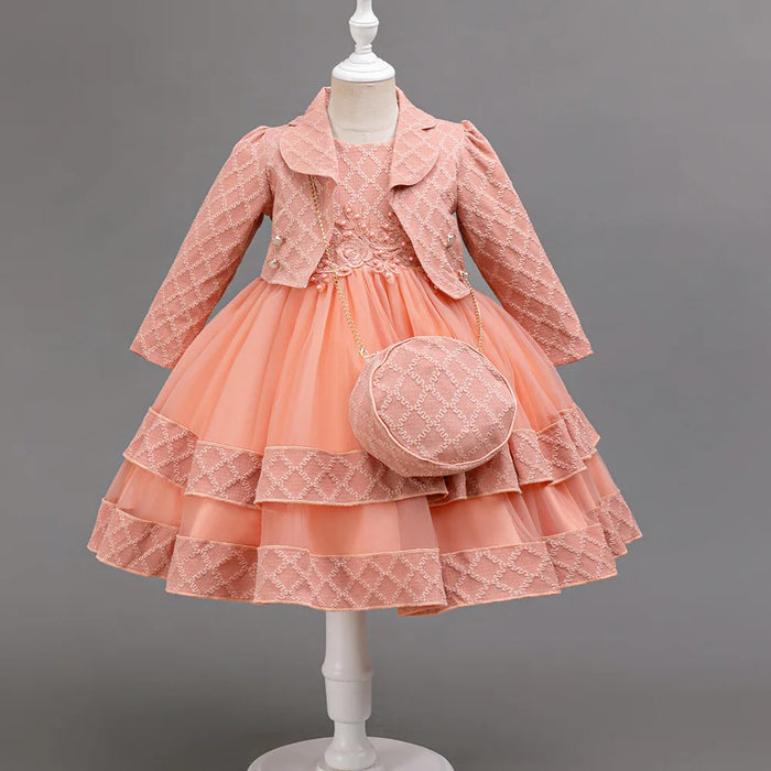 Style occidental manches longues robe de demoiselle d'honneur pour enfants pour fille 2-10 ans boule rose robes de bal pour enfants pour 3 pièces robe de soirée