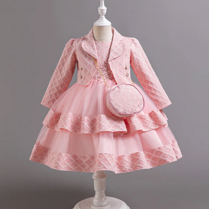 Style occidental manches longues robe de demoiselle d'honneur pour enfants pour fille 2-10 ans boule rose robes de bal pour enfants pour 3 pièces robe de soirée