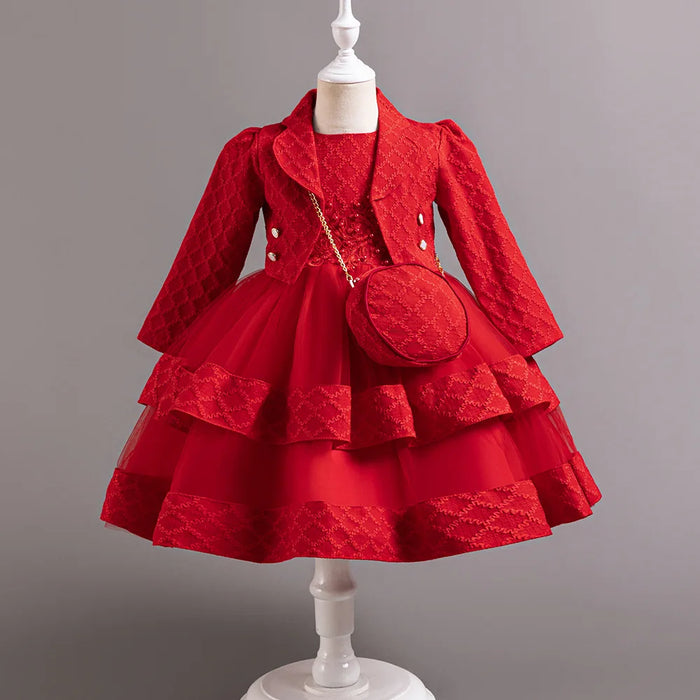 Style occidental manches longues robe de demoiselle d'honneur pour enfants pour fille 2-10 ans boule rose robes de bal pour enfants pour 3 pièces robe de soirée