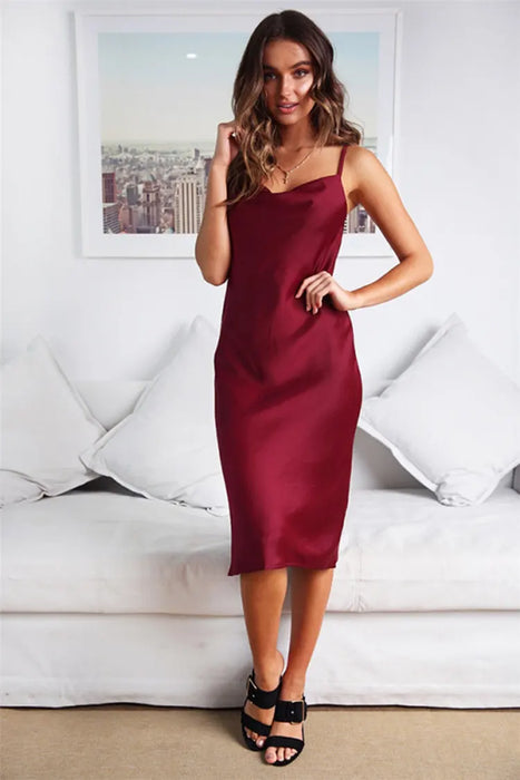 Wholesale Summer Women Mid-Calf Ladies Sexy V Neck Club Dresses Backless Slim Silk Satin Sleeveless Long Midi Bodycon Dress