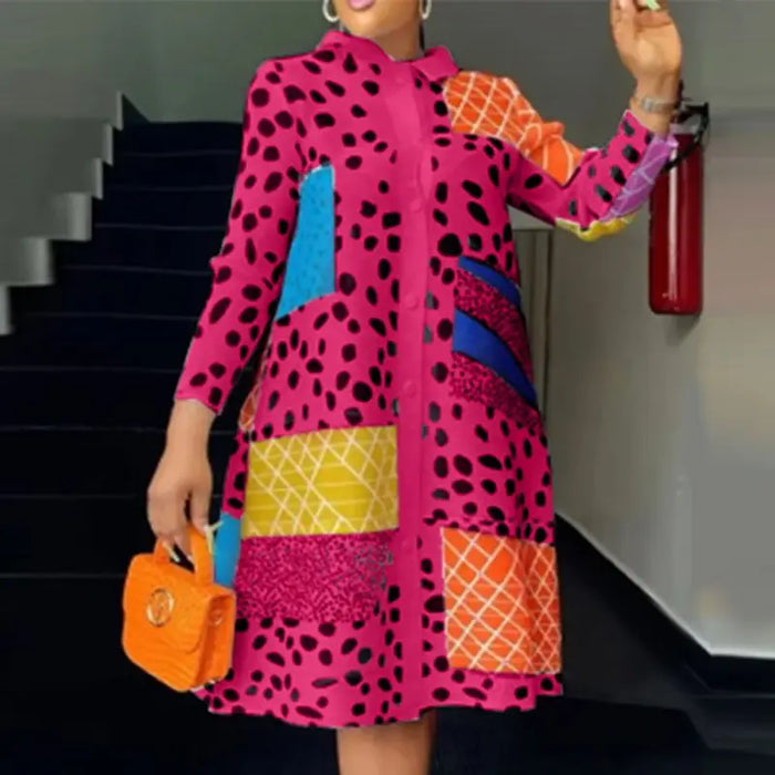 VONDA-Robe bohème à revers pour femme, manches longues, chemise imprimée léopard, boutons à la mode, longueur au genou, robe éducative, collection 2024