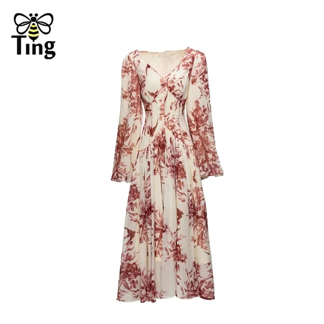Tingfly-Robe de Soirée en Mousseline de Soie pour Femme, Tenue Vintage Élégante, Manches Lanternes, Taille Haute, Chic, Décontractée