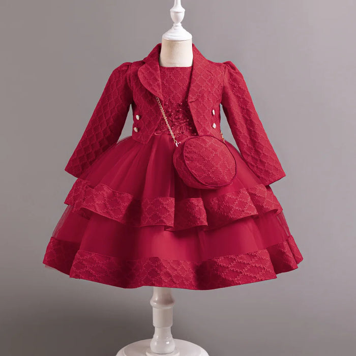 Style occidental manches longues robe de demoiselle d'honneur pour enfants pour fille 2-10 ans boule rose robes de bal pour enfants pour 3 pièces robe de soirée